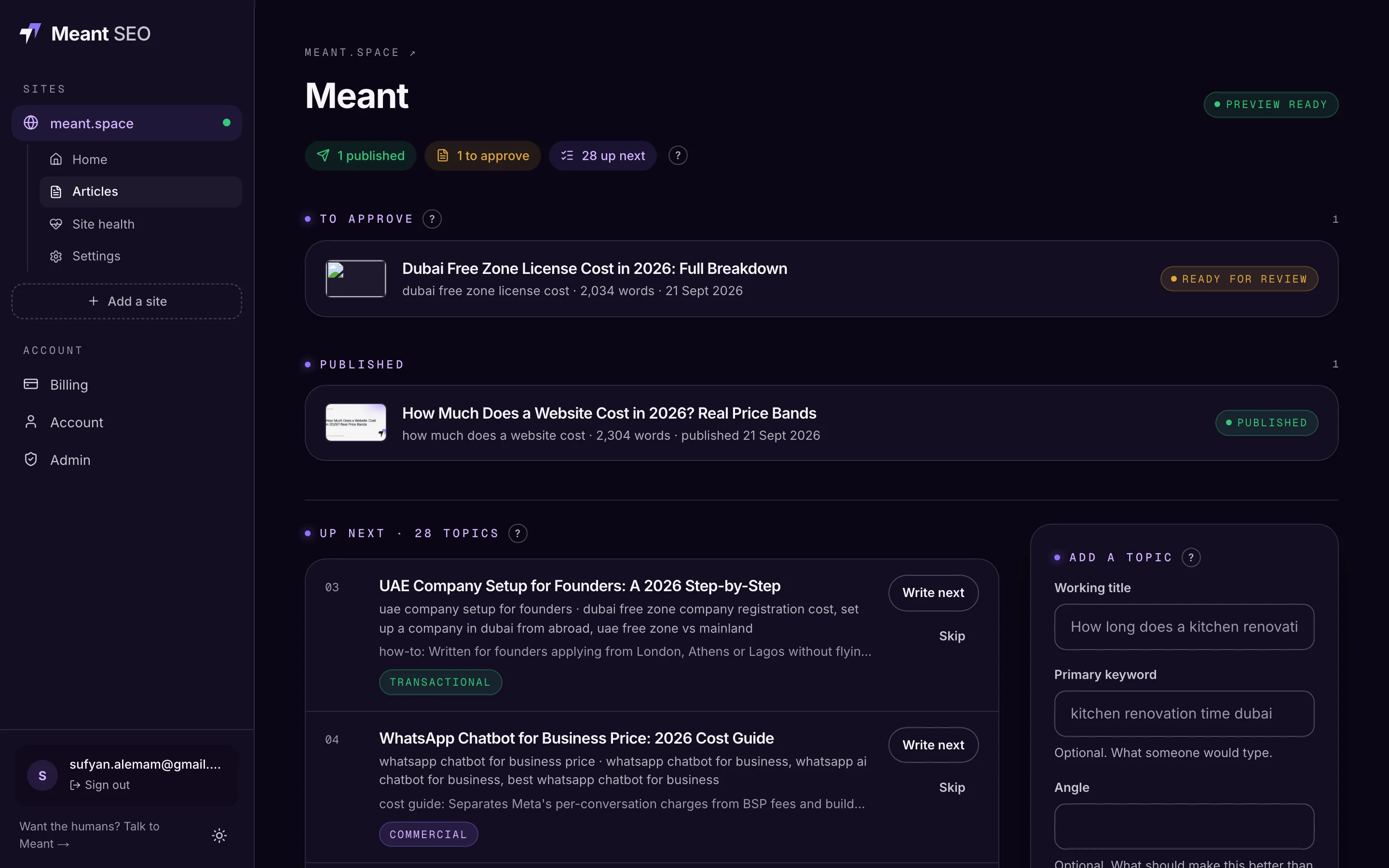 Articles tab of Meant SEO