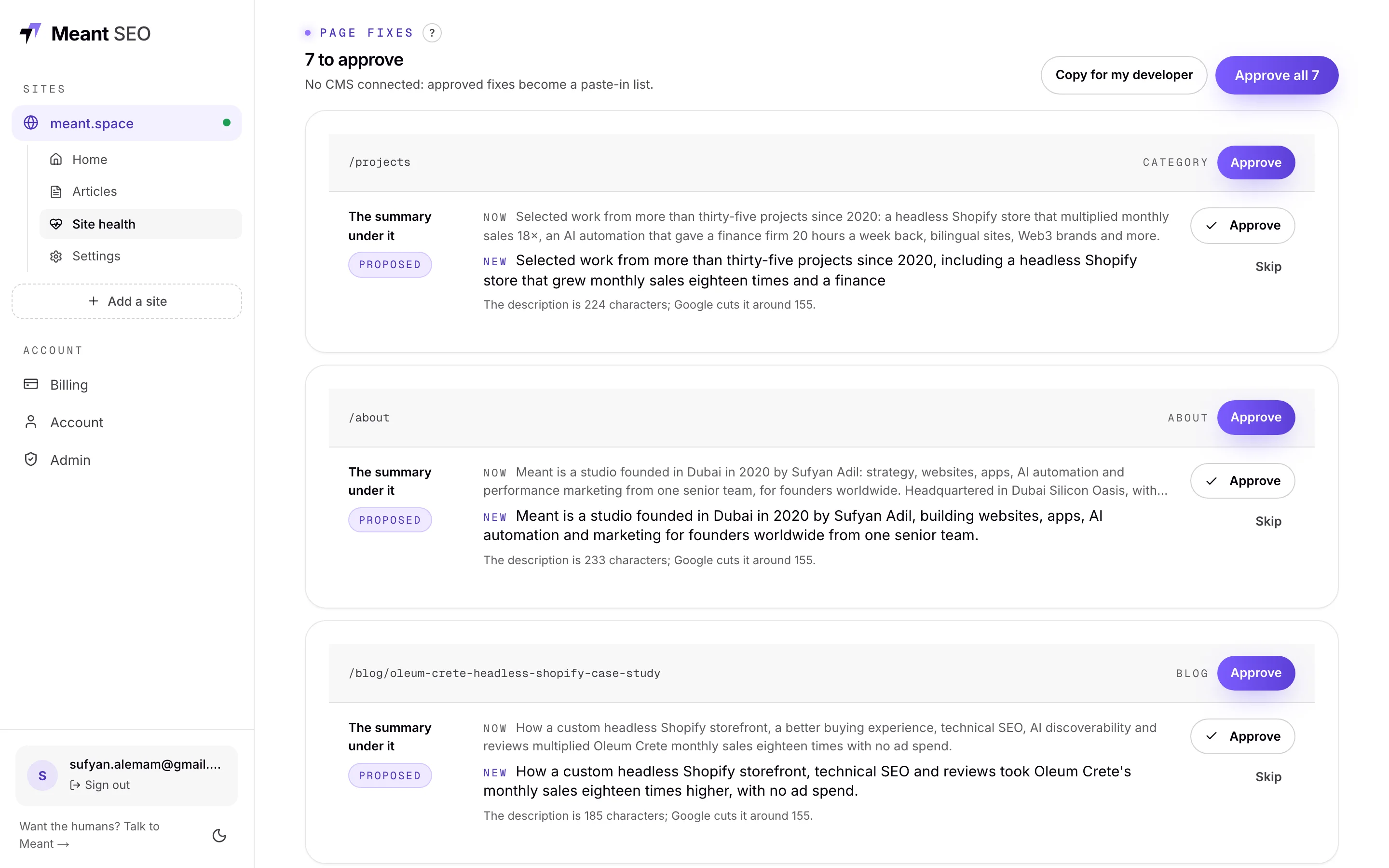 The list of suggested page changes in Meant SEO: for each page the wording that is there now, the wording we suggest, the reason, and Approve and Skip buttons.